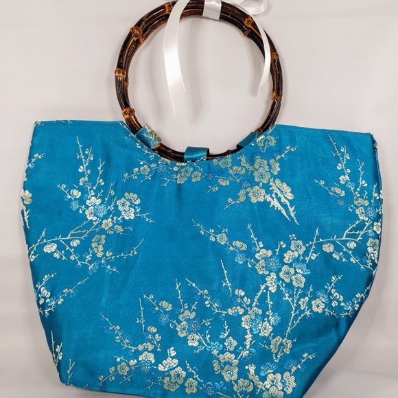 Vintage Satin Bamboo Handle Boat Tote - Picture 3 of 4